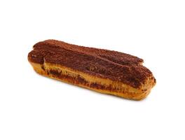 delicious chocolate French eclair on white photo