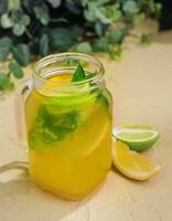 Lemonade with fresh orange, lime and mint in glass jug photo