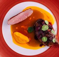 duck leg with pumpkin puree on red plate photo