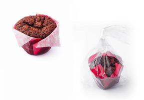 Delicious chocolate brownie in plastic packaging photo