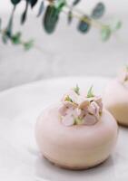 Pink mousse cakes decorated on white plate photo