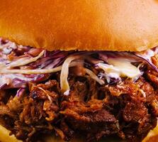 Pulled pork sandwich close up photo