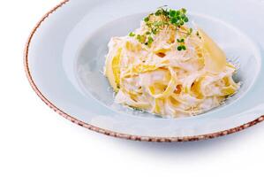 Tagliatelle pasta with cream sauce and parmesan cheese photo