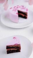 Piece of chocolate cake with pink cream photo