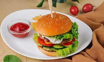 Delicious hamburger with French fries and ketchup photo