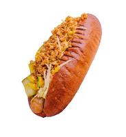 Delicious Gourmet Grilled Hot Dogs With Mustard, Pickles, Onion photo