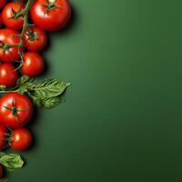 ai generado Fresco rojo Tomates con verde hojas en un verde antecedentes foto