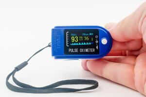 Medical pulse oximeter with an LCD. SpO2, Assessment of blood oxygen saturation. Medical monitoring device pandemic COVID-19. Heart and pulse rate, crucial in patient health monitoring, emergencies. photo