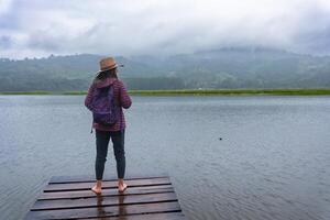 viajero mujer contempla el paisaje en el peruano selva. foto