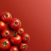 AI generated Fresh tomatoes on a vibrant red background. photo