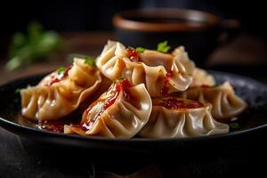 AI generated grilled dumplings gyoza with meat with soy sauce on the side photo