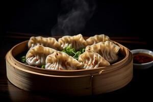 AI generated Steamed dumplings gyoza with meat in bamboo steamer with soy sauce on the side photo