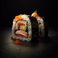 AI generated Traditional sushi roll with salmon, avocado, and rice, on a dark background. photo