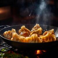 ai generado A la parrilla empanadillas gyoza con carne en bambú buque de vapor con soja salsa en el lado foto