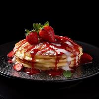 AI generated Stack of pancakes drizzled with chocolate syrup and strawberries topping photo