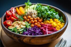 AI generated Colorful bowl of mixed salad with a variety of fresh vegetables and chickpeas. photo