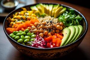 AI generated Colorful bowl filled with a variety of fresh vegetables and grains photo