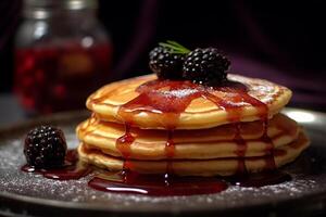 AI generated Stack of pancakes with berries and maple syrup. photo