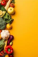 AI generated Assorted fresh vegetables and fruits on a vibrant yellow background. photo