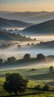 AI generated Ethereal Fog  Misty Morning Blanketing Quiet Valley photo