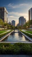 AI generated Urban Oasis  Tranquil Park Amidst Bustling Cityscape photo