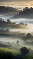 ai generado etéreo niebla brumoso Mañana manta tranquilo Valle foto