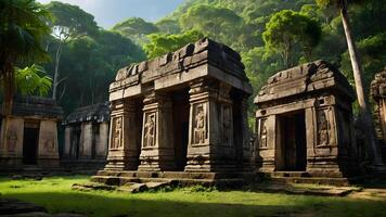 AI generated Ancient Temples  Stone Structures Standing Amidst Jungle Canopy photo