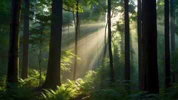 ai generado encantado bosque luz de sol filtración mediante denso pabellón de arboles foto