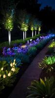 ai generado brillante jardines iluminado botánico muestra después oscuro foto