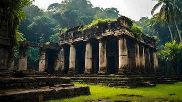 AI generated Ancient Ruins  Time-worn Structures Amidst Lush Jungle Foliage photo