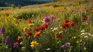 ai generado flor silvestre mundo maravilloso prado muy lleno con vistoso floraciones foto