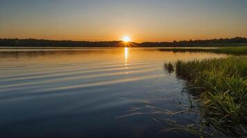 ai generado puesta de sol serenidad dorado hora reflexiones en calma lago aguas foto