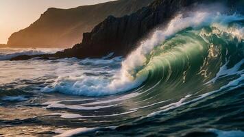 ai generado costero majestad olas estrellarse en contra rocoso orilla a amanecer foto