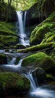 AI generated Whimsical Waterfalls  Cascading Streams Amongst Mossy Rocks photo