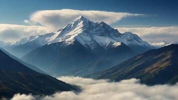 ai generado un montaña rango con nieve tapado picos y nubes foto