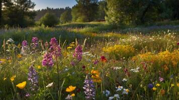 ai generado flor silvestre mundo maravilloso prado muy lleno con vistoso floraciones foto