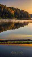 AI generated Sunset Serenity  Golden Hour Reflections on Calm Lake Waters photo