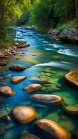 ai generado encantador vías fluviales tranquilo ríos devanado mediante bosques foto