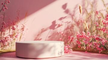 AI generated Floral arrangement with shadows on a pink backdrop, creating a serene, monochromatic setting photo