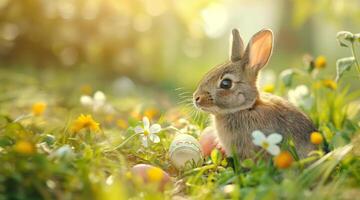 ai generado un sereno Conejo en medio de margaritas y Pascua de Resurrección huevos en un iluminado por el sol primavera prado foto