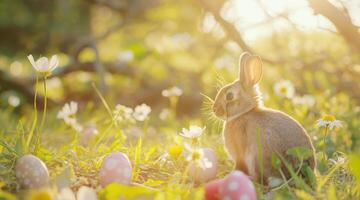 AI generated A serene rabbit amidst daisies and Easter eggs in a sunlit spring meadow photo