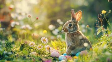 AI generated A serene rabbit amidst daisies and Easter eggs in a sunlit spring meadow photo