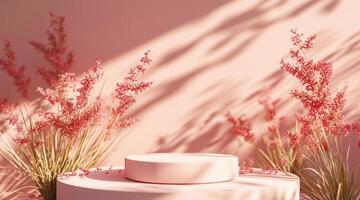 AI generated Floral arrangement with shadows on a pink backdrop, creating a serene, monochromatic setting photo