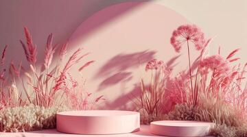 AI generated Floral arrangement with shadows on a pink backdrop, creating a serene, monochromatic setting photo