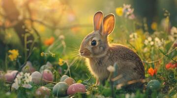 AI generated A serene rabbit amidst daisies and Easter eggs in a sunlit spring meadow photo