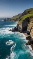 AI generated Rugged Coastline  Cliffs Rising Dramatically Above Turquoise Waters photo