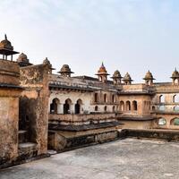 Beautiful view of Orchha Palace Fort, Raja Mahal and chaturbhuj temple from jahangir mahal, Orchha, Madhya Pradesh, Jahangir Mahal - Orchha Fort in Orchha, Madhya Pradesh, Indian archaeological sites photo