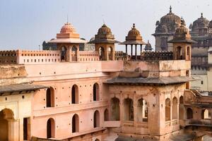 Beautiful view of Orchha Palace Fort, Raja Mahal and chaturbhuj temple from jahangir mahal, Orchha, Madhya Pradesh, Jahangir Mahal - Orchha Fort in Orchha, Madhya Pradesh, Indian archaeological sites photo