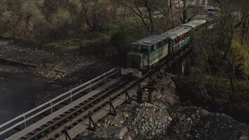 aéreo Visão do uma trem viajando sobre uma estrada de ferro ponte sobre uma rio. zangão voar sobre a locomotiva e carruagens do a limitar calibre estrada de ferro. video