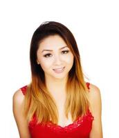 Asian American Woman Red Top Uncertain Expression photo